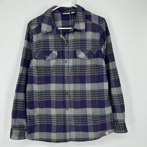 LL Bean Shirt Mens Large Purple Green Plaid Button Down Outdoors Hiking Pockets